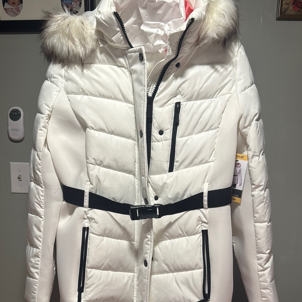London Fog White and Black Puffer Jacket with Fur Hood